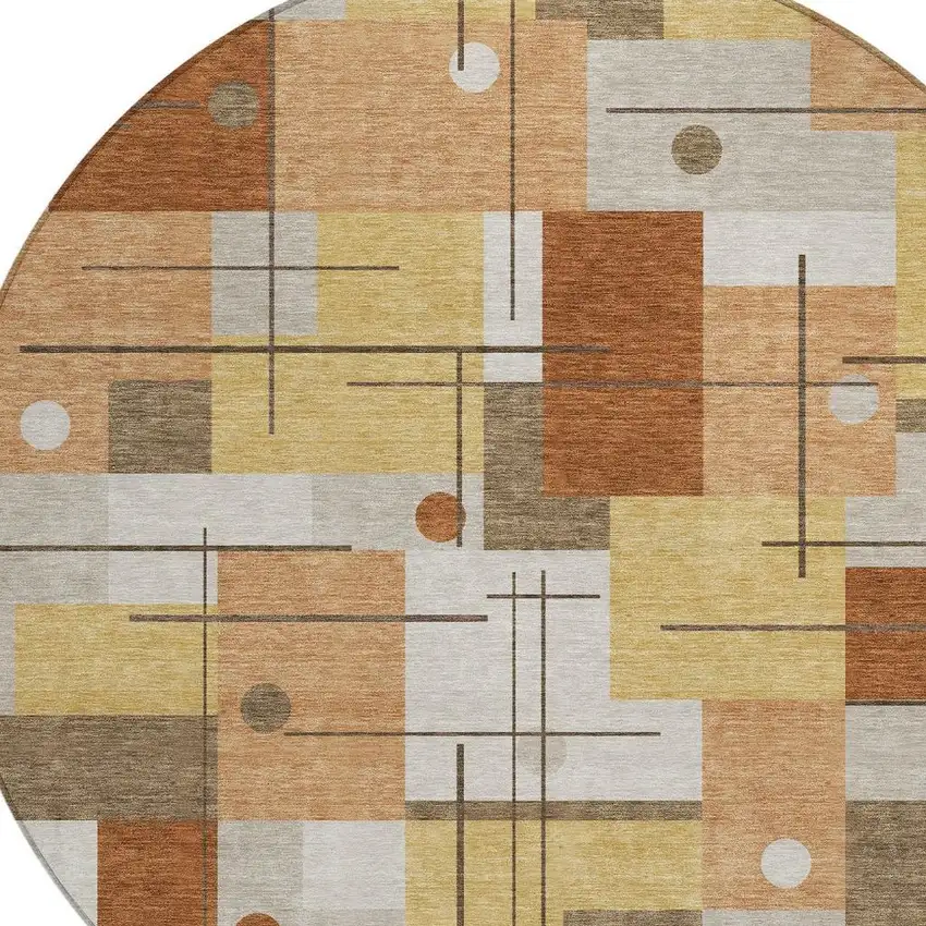 8' Copper And Graphite Round Geometric Washable Indoor Outdoor Area Rug Photo 3