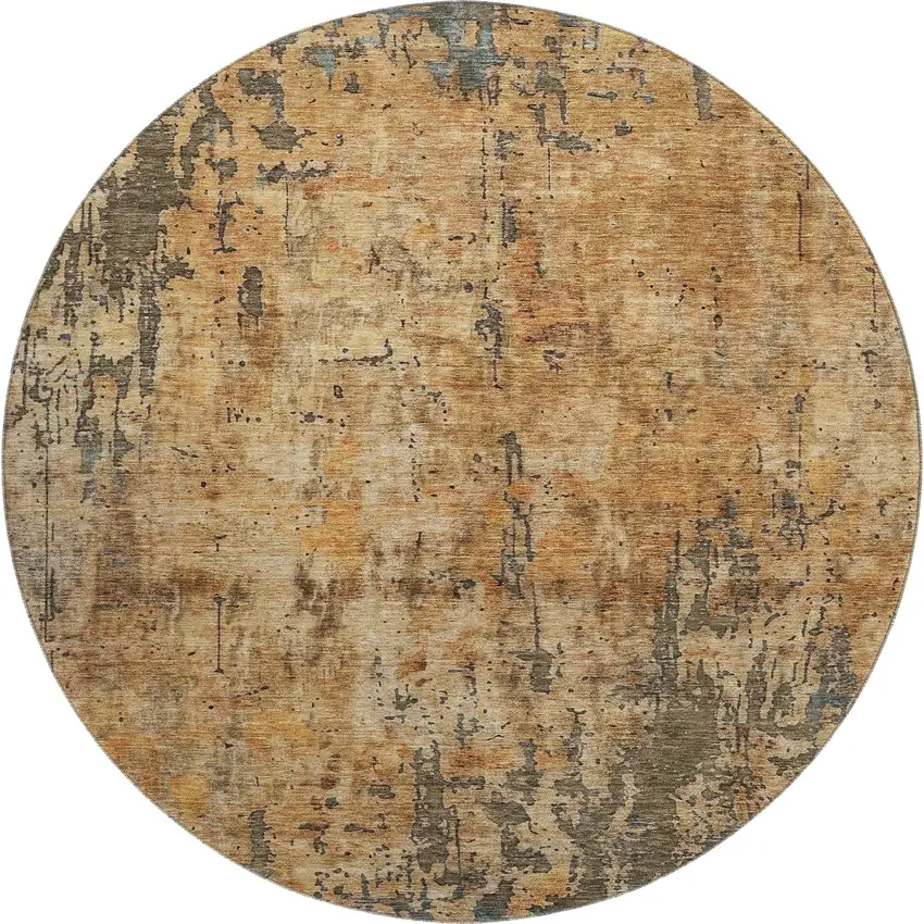8' Copper And Gray Abstract Washable Round Rug With UV Protection Photo 1