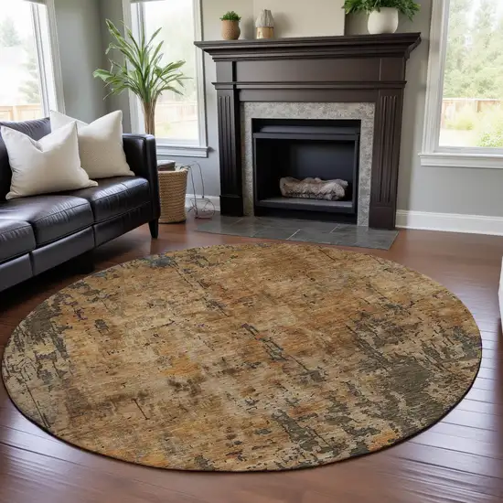 8' Copper And Gray Abstract Washable Round Rug With UV Protection Photo 4