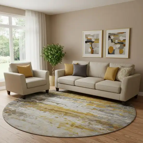 8' Copper And Gray Abstract Washable Round Rug With UV Protection Photo 2