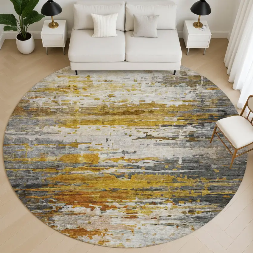 8' Copper And Gray Abstract Washable Round Rug With UV Protection Photo 5