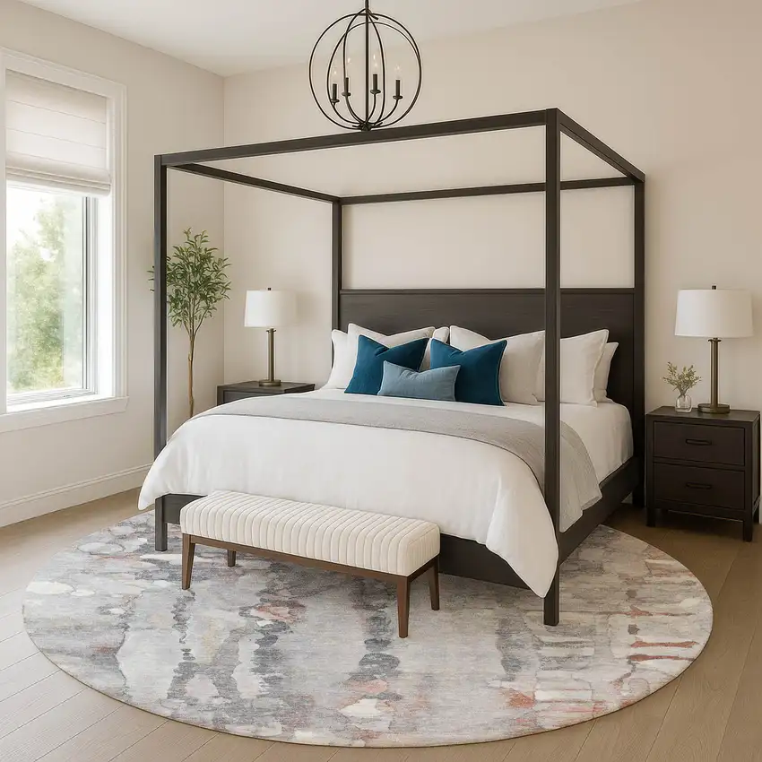 8' Copper And Gray Abstract Washable Round Rug With UV Protection Photo 5