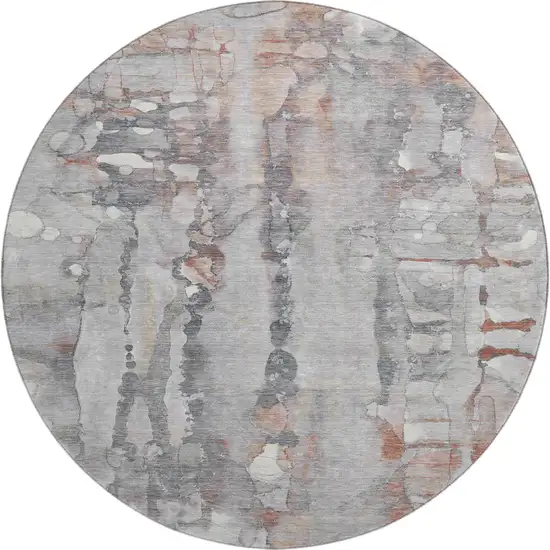 8' Copper And Gray Abstract Washable Round Rug With UV Protection Photo 1