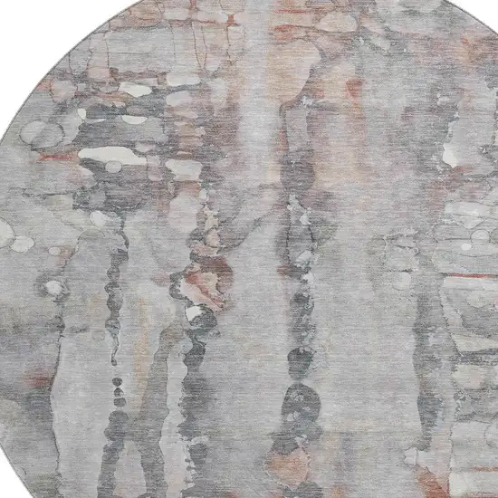 8' Copper And Gray Abstract Washable Round Rug With UV Protection Photo 3
