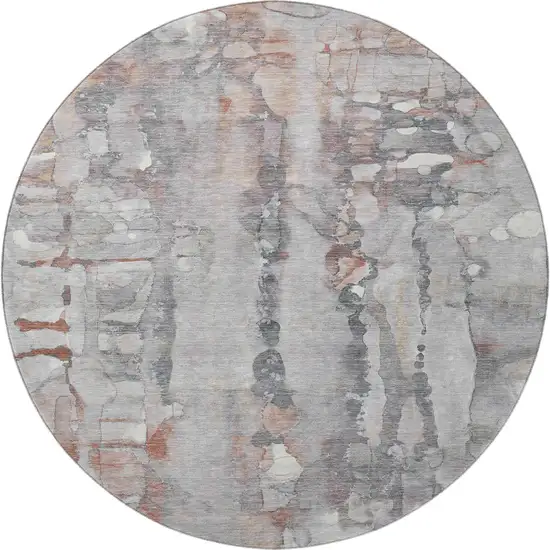 8' Copper And Gray Abstract Washable Round Rug With UV Protection Photo 4
