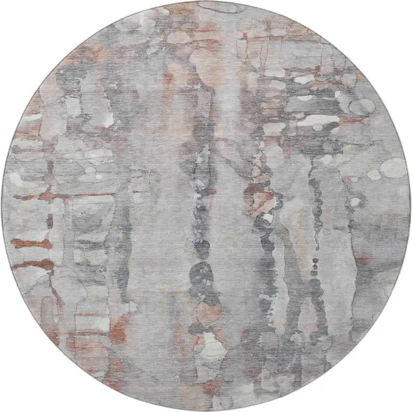8' Copper And Gray Abstract Washable Round Rug With UV Protection Photo 4