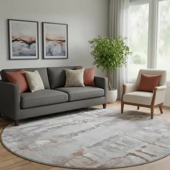 8' Copper And Gray Abstract Washable Round Rug With UV Protection Photo 2