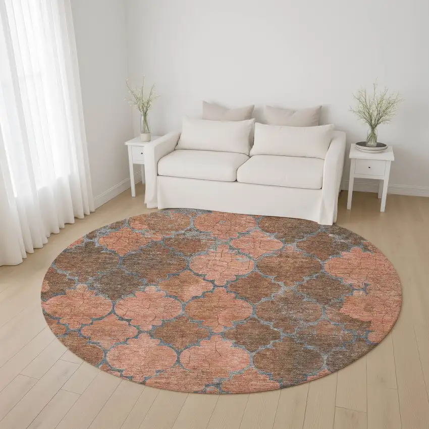 8' Copper And Gray Damask Washable Round Rug With UV Protection Photo 4