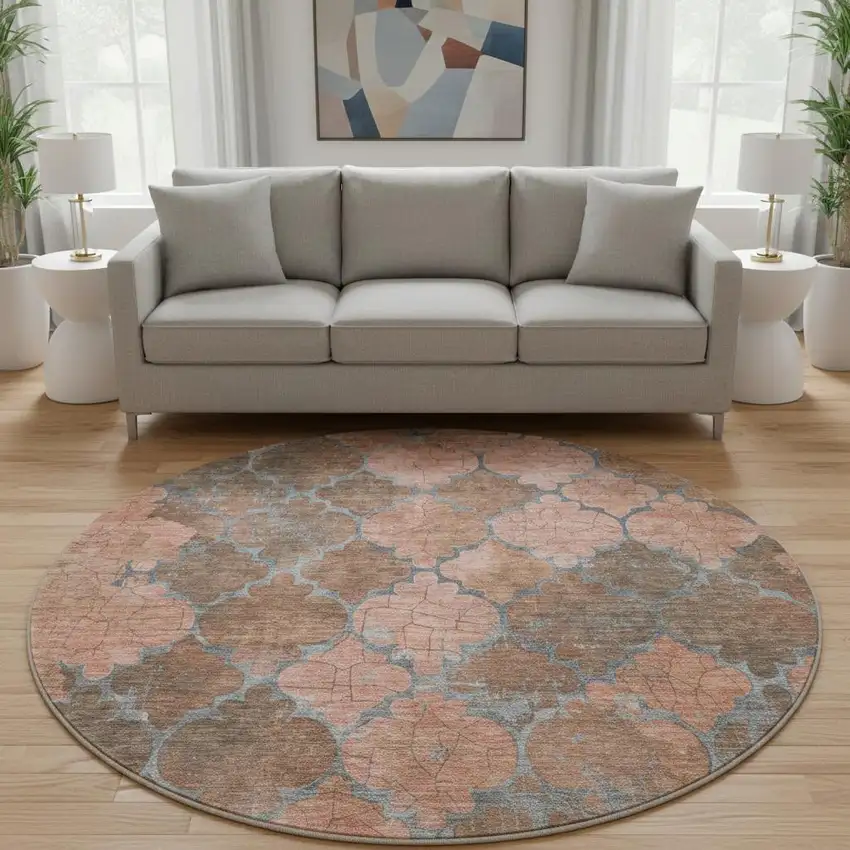 8' Copper And Gray Damask Washable Round Rug With UV Protection Photo 2