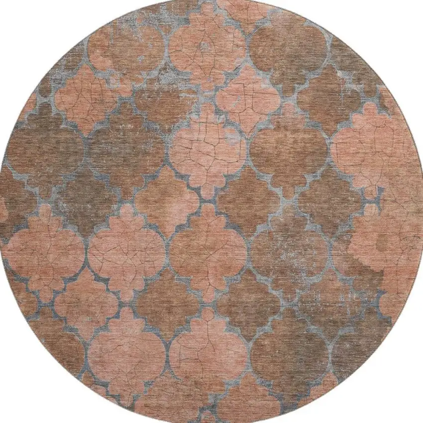 8' Copper And Gray Damask Washable Round Rug With UV Protection Photo 3