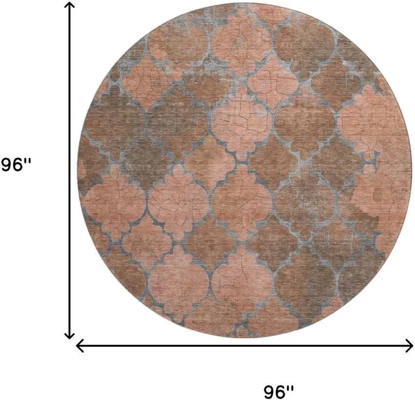 8' Copper And Gray Damask Washable Round Rug With UV Protection Photo 9