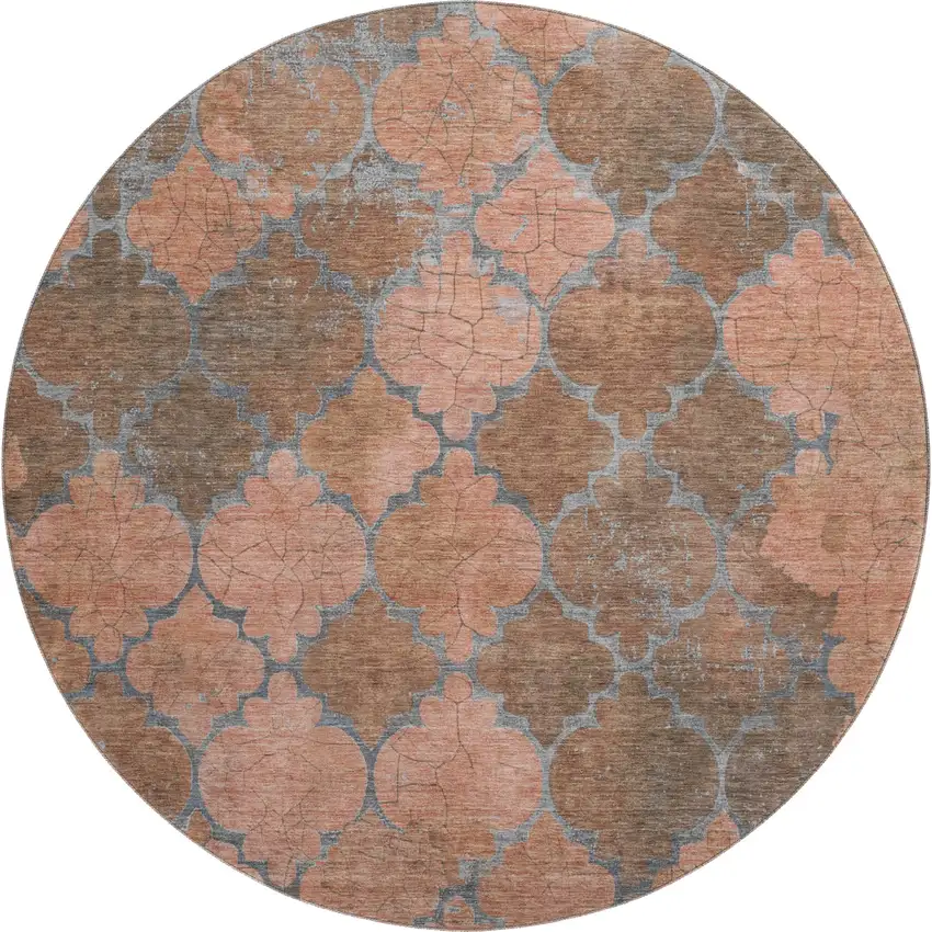 8' Copper And Gray Damask Washable Round Rug With UV Protection Photo 1