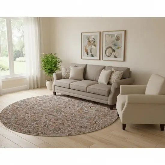 8' Copper And Gray Floral Washable Round Rug With UV Protection Photo 1
