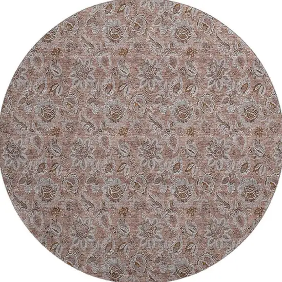 8' Copper And Gray Floral Washable Round Rug With UV Protection Photo 4