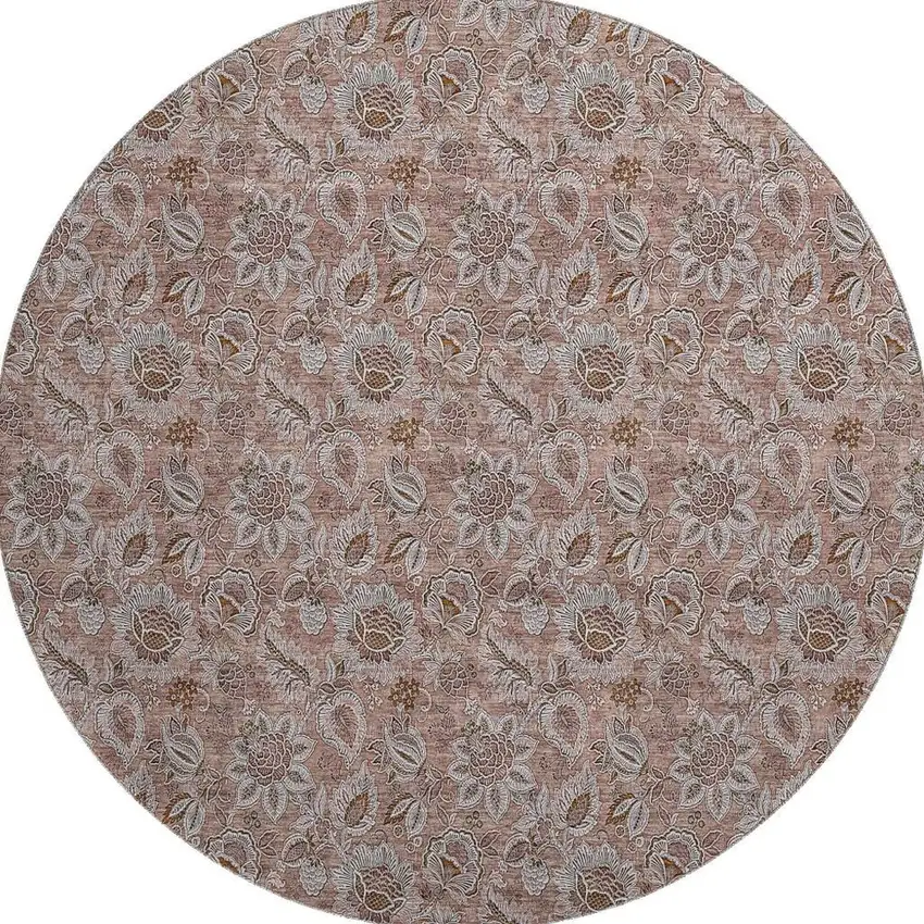 8' Copper And Gray Floral Washable Round Rug With UV Protection Photo 4