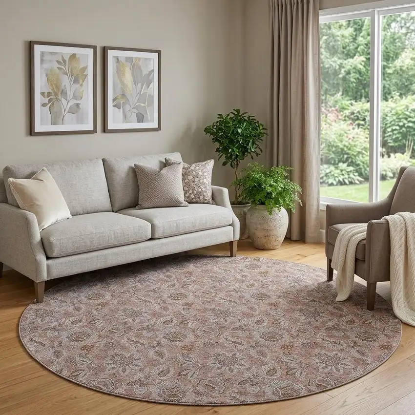 8' Copper And Gray Floral Washable Round Rug With UV Protection Photo 1