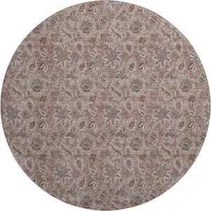 Photo of 8' Copper And Gray Floral Washable Round Rug With UV Protection