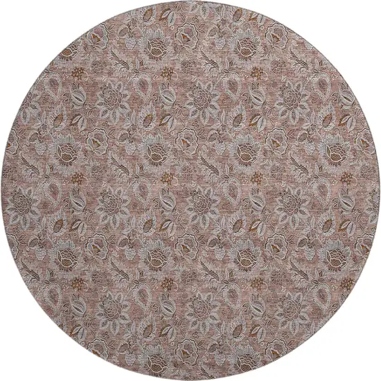 8' Copper And Gray Floral Washable Round Rug With UV Protection Photo 1