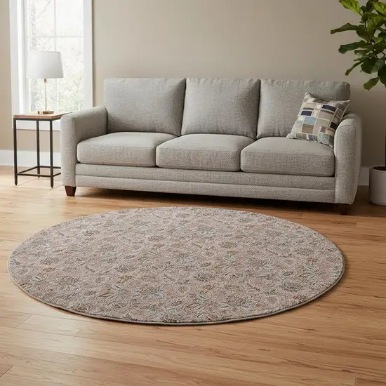 8' Copper And Gray Floral Washable Round Rug With UV Protection Photo 2