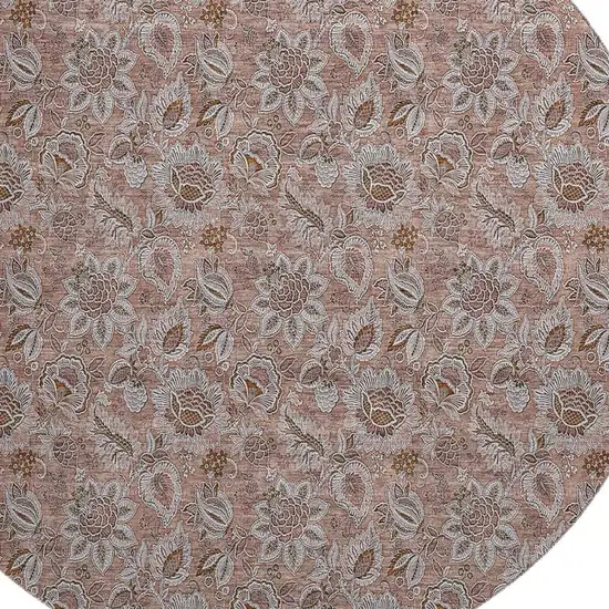8' Copper And Gray Floral Washable Round Rug With UV Protection Photo 3