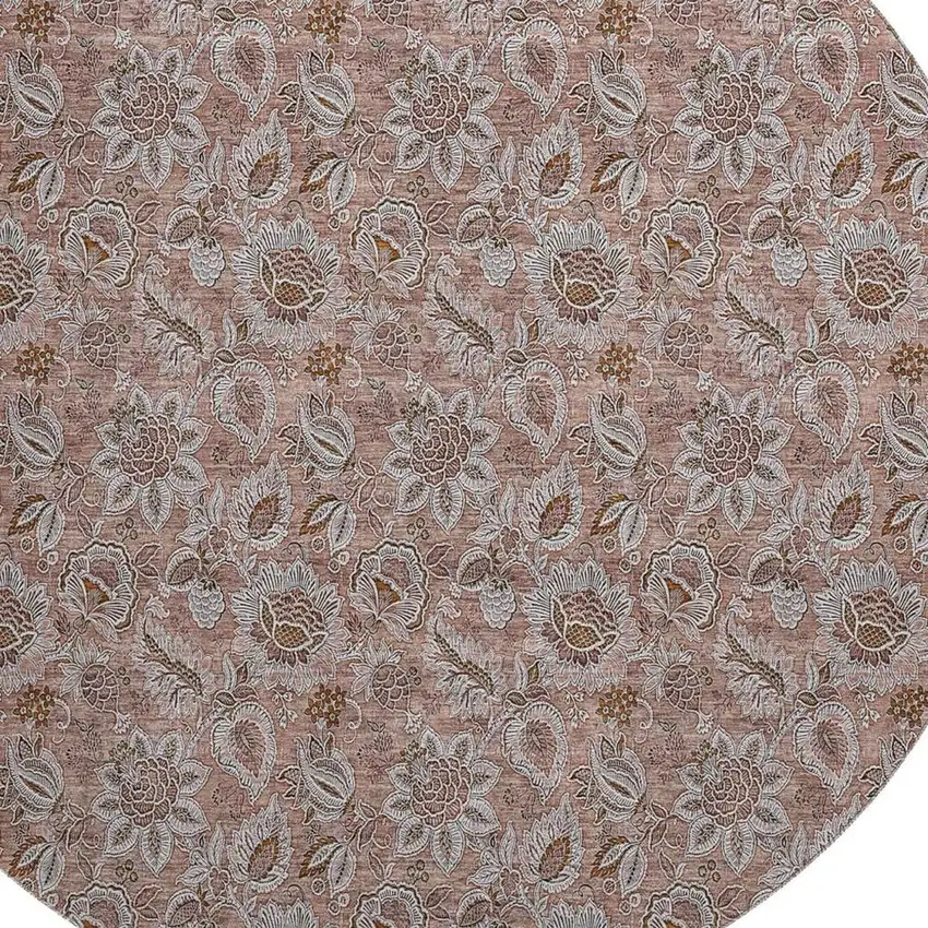 8' Copper And Gray Floral Washable Round Rug With UV Protection Photo 3