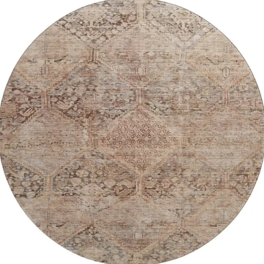 8' Copper And Gray Geometric Washable Round Rug With UV Protection Photo 3