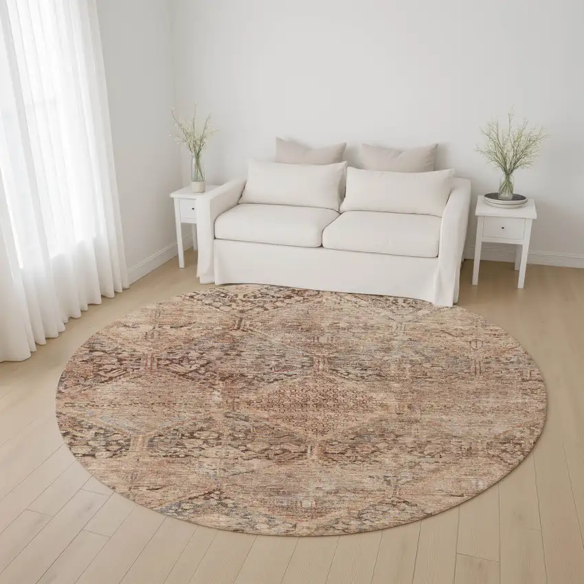 8' Copper And Gray Geometric Washable Round Rug With UV Protection Photo 4