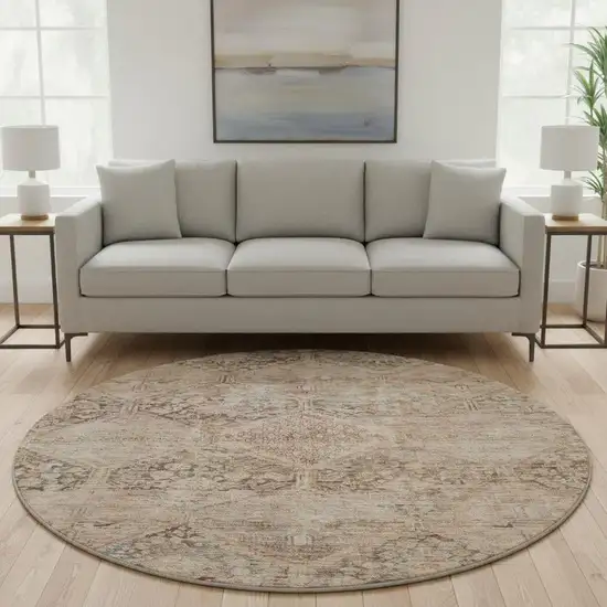 8' Copper And Gray Geometric Washable Round Rug With UV Protection Photo 2