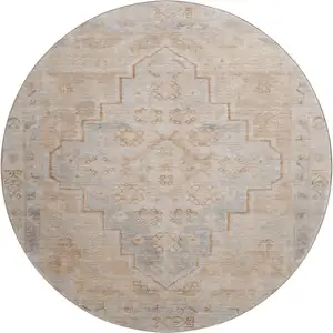 Photo of 8' Copper And Gray Medallion Washable Round Rug With UV Protection
