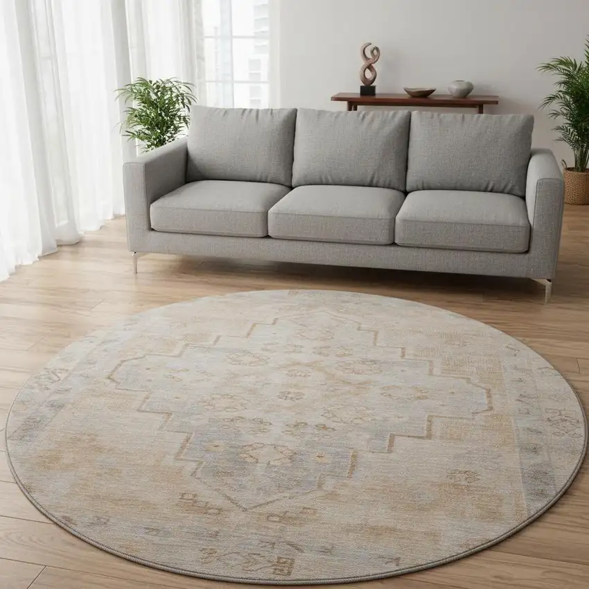 8' Copper And Gray Medallion Washable Round Rug With UV Protection Photo 2