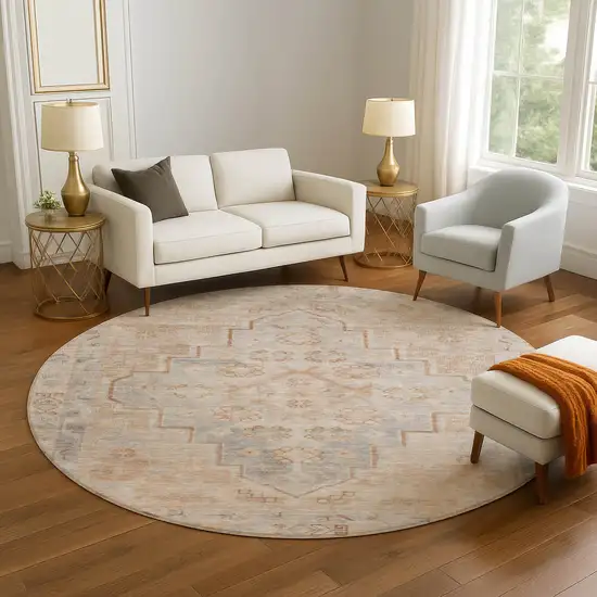 8' Copper And Gray Medallion Washable Round Rug With UV Protection Photo 5