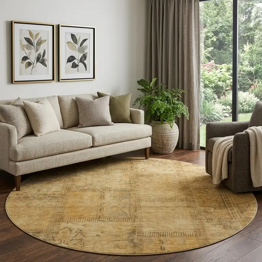 8' Copper And Gray Patchwork Washable Round Rug With UV Protection Photo 1