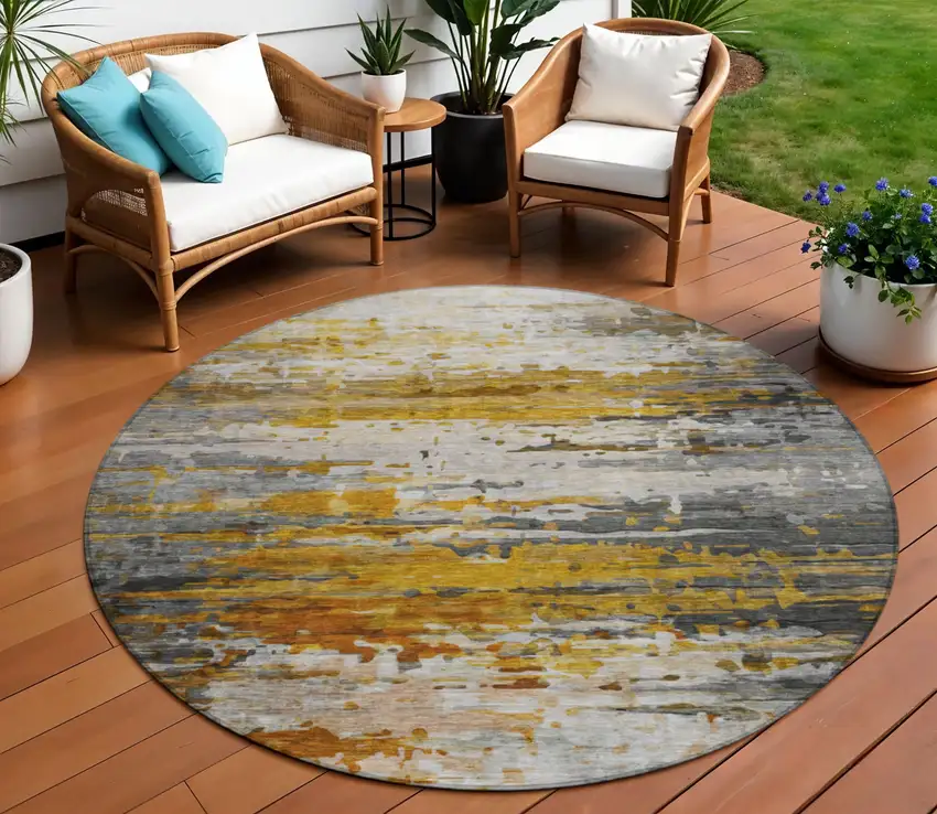 8' Copper And Gray Round Abstract Washable Indoor Outdoor Area Rug Photo 2