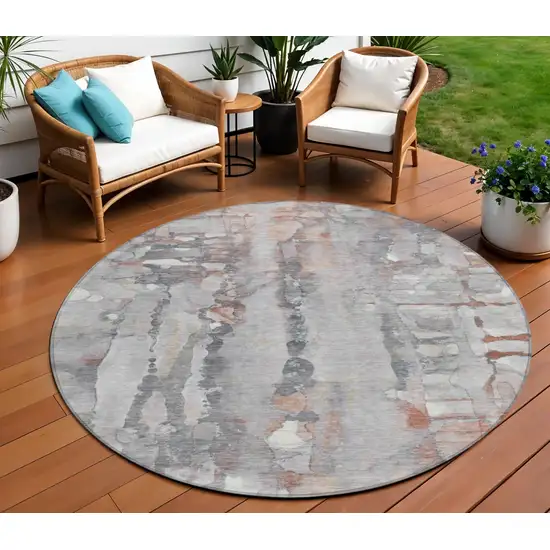 8' Copper And Gray Round Abstract Washable Indoor Outdoor Area Rug Photo 1