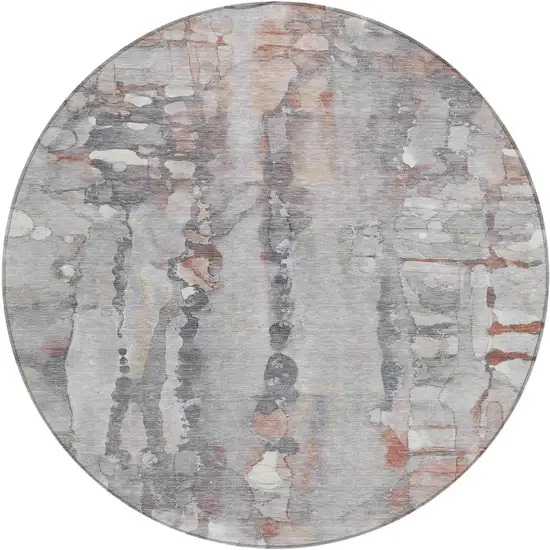 8' Copper And Gray Round Abstract Washable Indoor Outdoor Area Rug Photo 2