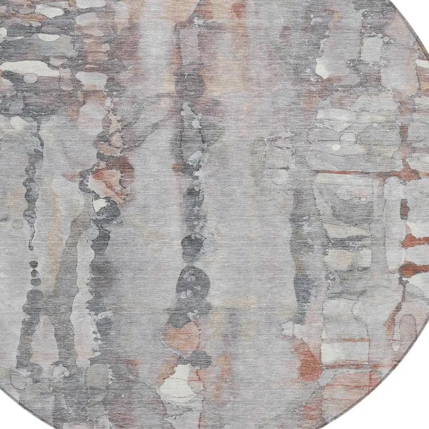 8' Copper And Gray Round Abstract Washable Indoor Outdoor Area Rug Photo 4