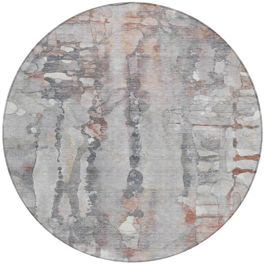 8' Copper And Gray Round Abstract Washable Indoor Outdoor Area Rug Photo 5