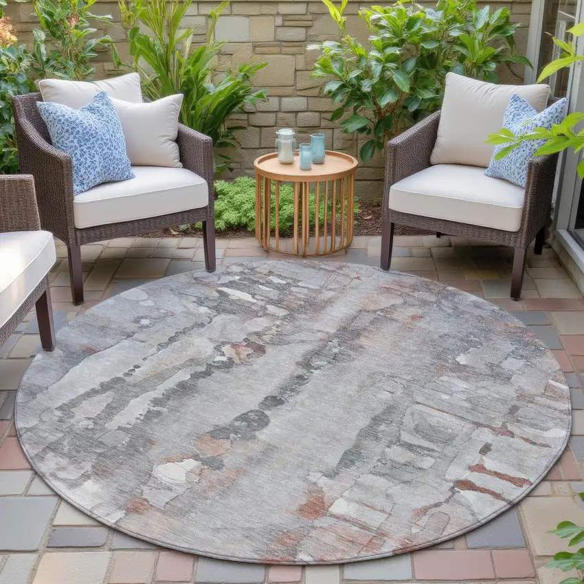 8' Copper And Gray Round Abstract Washable Indoor Outdoor Area Rug Photo 6