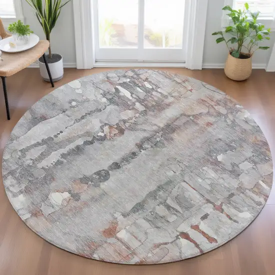 8' Copper And Gray Round Abstract Washable Indoor Outdoor Area Rug Photo 7