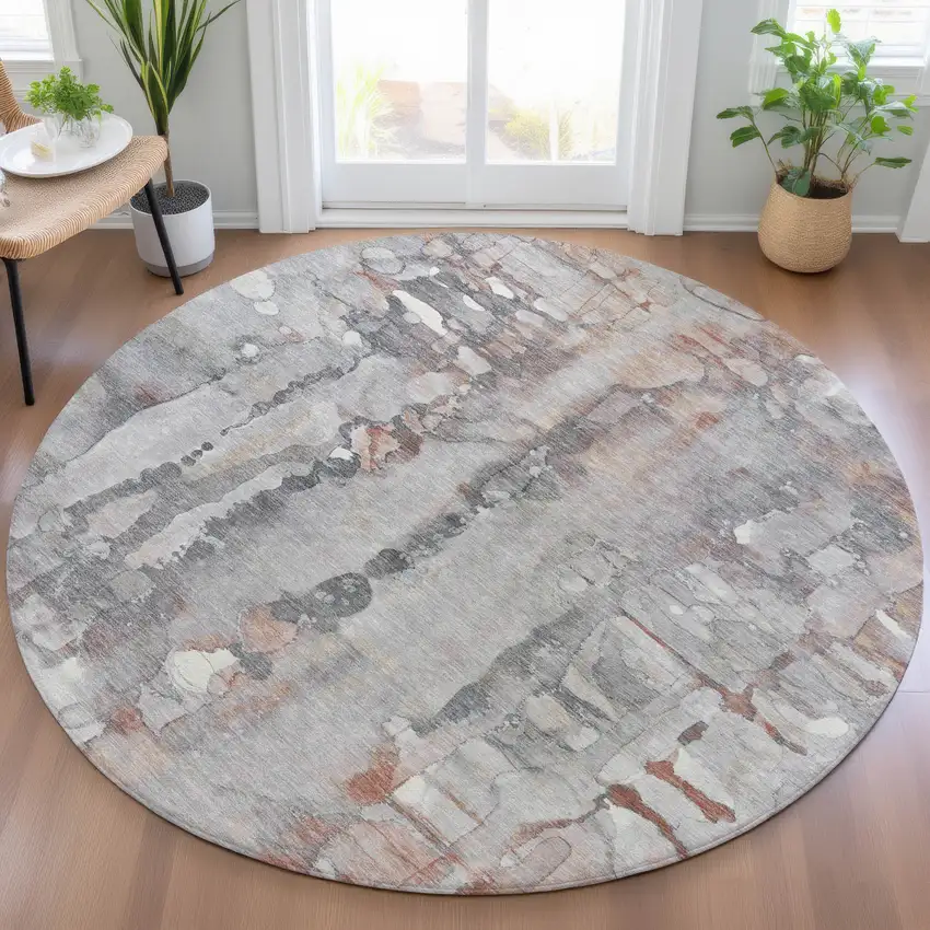 8' Copper And Gray Round Abstract Washable Indoor Outdoor Area Rug Photo 7