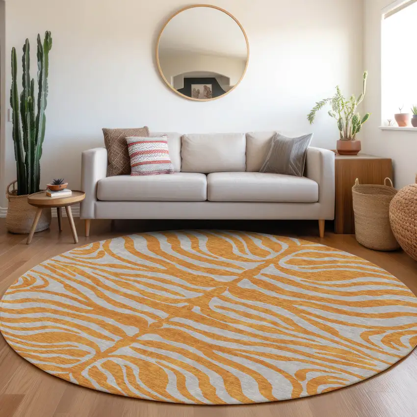 8' Copper And Gray Round Animal Print Washable Indoor Outdoor Area Rug Photo 8