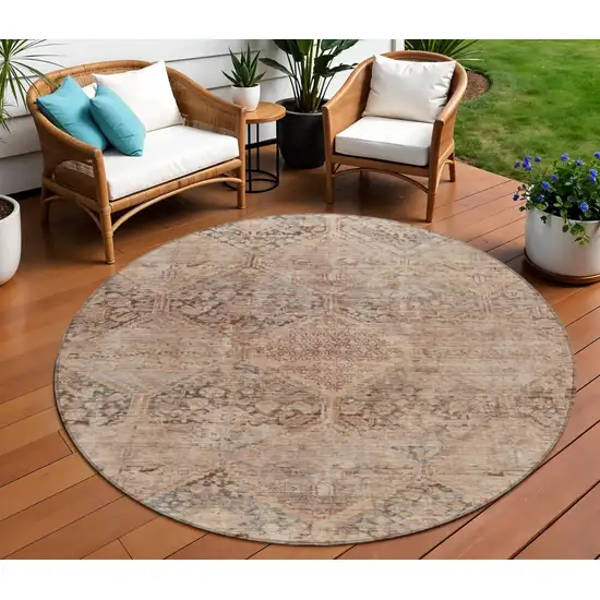 8' Copper And Gray Round Geometric Washable Indoor Outdoor Area Rug Photo 2
