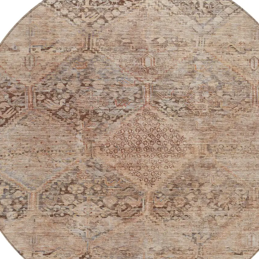 8' Copper And Gray Round Geometric Washable Indoor Outdoor Area Rug Photo 9