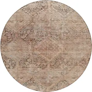 Photo of 8' Copper And Gray Round Geometric Washable Indoor Outdoor Area Rug