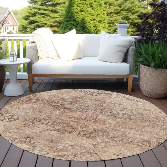8' Copper And Gray Round Geometric Washable Indoor Outdoor Area Rug Photo 6