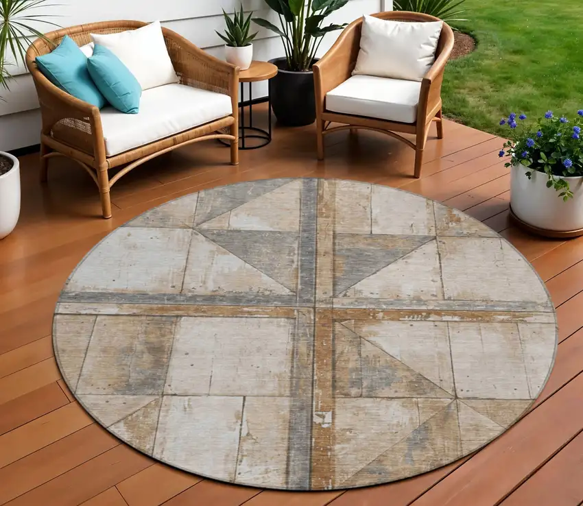 8' Copper And Gray Round Geometric Washable Indoor Outdoor Area Rug Photo 2