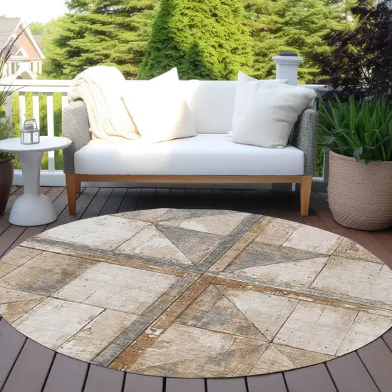 8' Copper And Gray Round Geometric Washable Indoor Outdoor Area Rug Photo 6