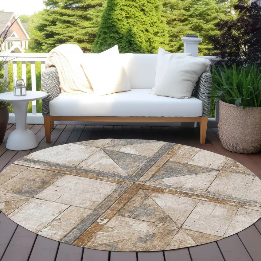 8' Copper And Gray Round Geometric Washable Indoor Outdoor Area Rug Photo 6