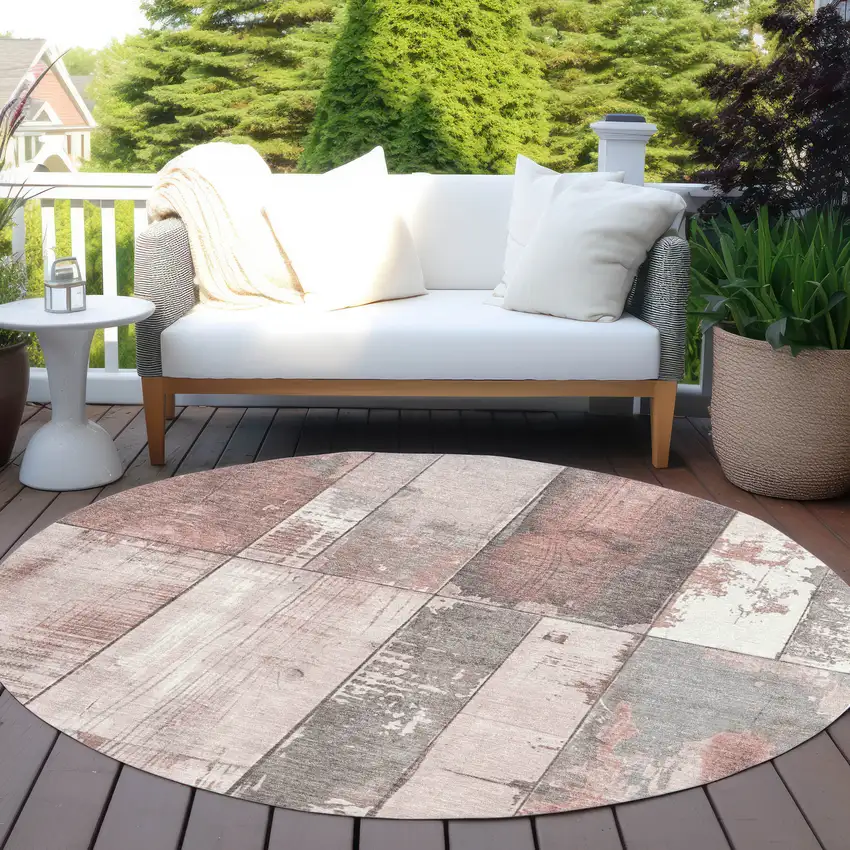 8' Copper And Gray Round Geometric Washable Indoor Outdoor Area Rug Photo 6