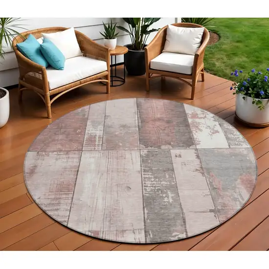 8' Copper And Gray Round Geometric Washable Indoor Outdoor Area Rug Photo 2